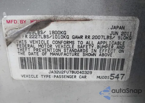 2011 Mitsubishi Lancer Es from USA, damaged, VIN JA32U2FU7BU040329